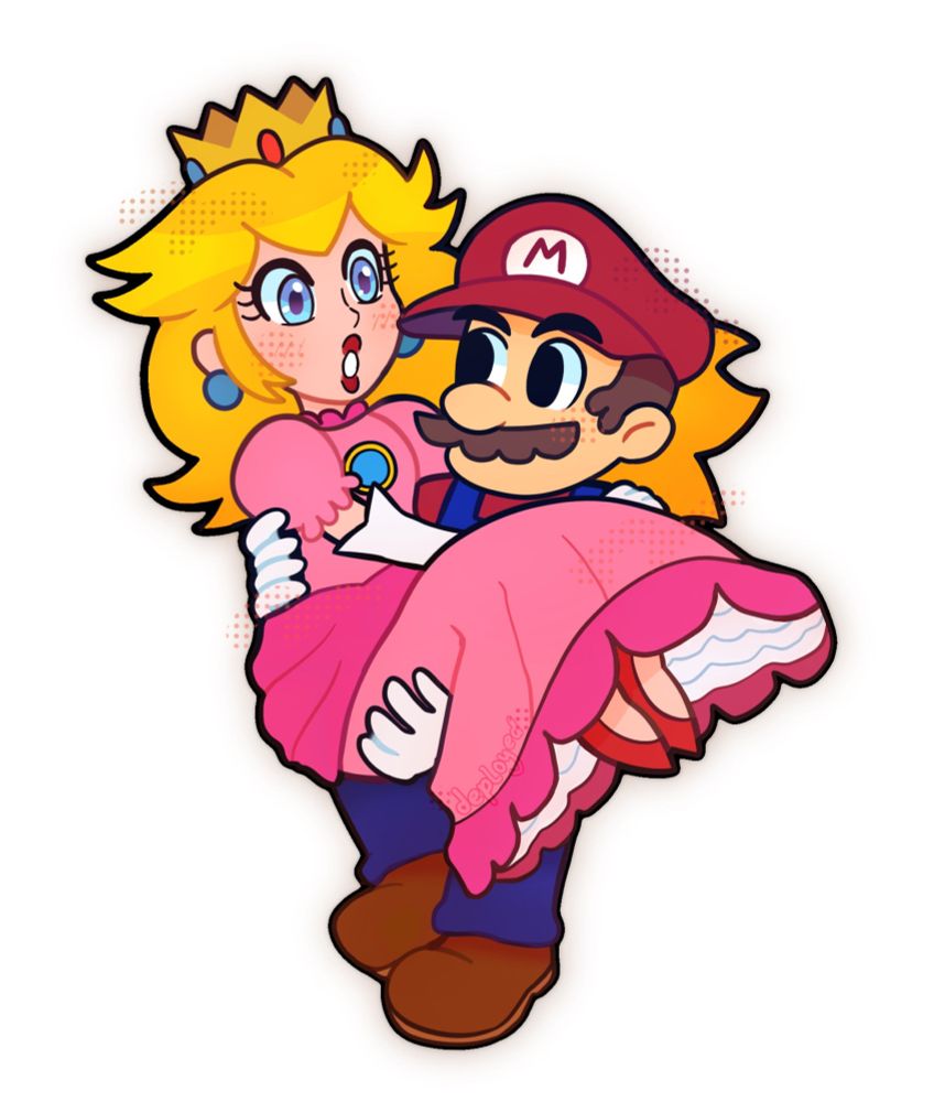 It’s a digital drawing of Mario carrying Princess Peach in bridal style in a romantic way.