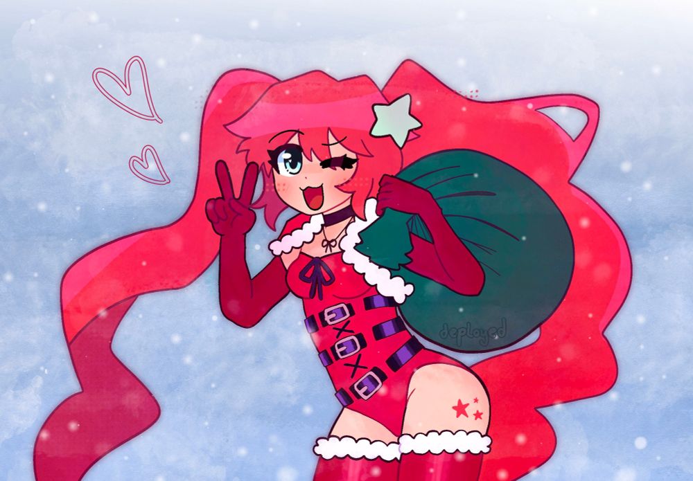 It’s a drawing of Lyra in a Christmas outfit doing a peace sign and holding a sack full of presents. The background is snowy and there are two hearts next to her.