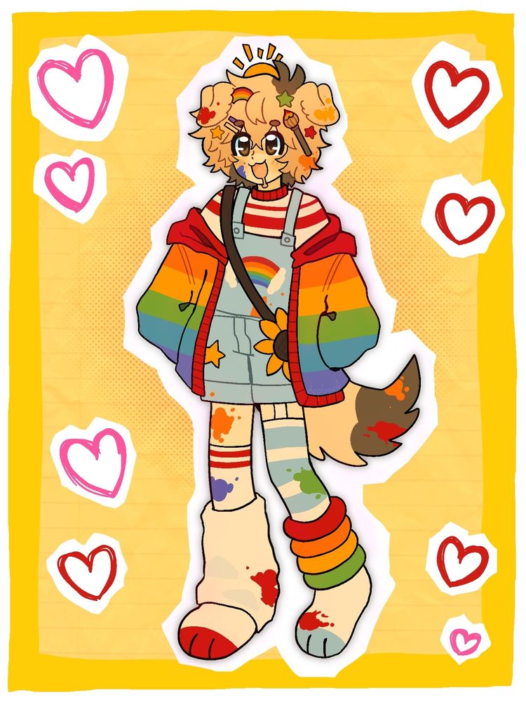 It's a full body digital drawing of ccorvixx's OC from Art Fight in a yellow background. The character is a humanoid creature with dog ears and tails and with very colorful clothes with paint all over. They also have art related acessories on their hair and there are a few pink and red hearts around them.