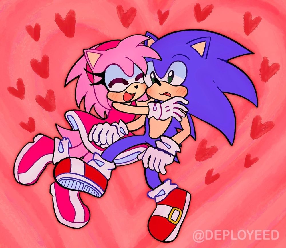 It's a drawing of Amy Rose hugging Sonic the Hedgehog. The background is a pink heart and there are red hearts around them.