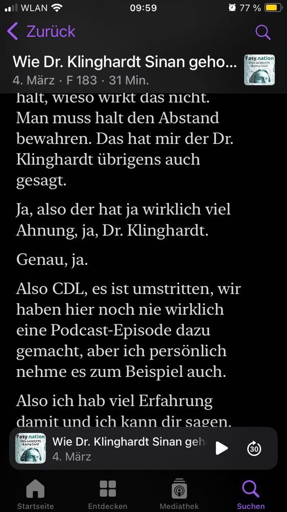 Screenshot aus dem Transkript der verlinkten „Fasynation“-Folge:
„Wie Dr. Klinghardt Sinan geho...
4. März • F 183 • 31 Min. 

…halt, wieso wirkt das nicht.
Man muss halt den Abstand bewahren. Das hat mir der Dr.
Klinghardt übrigens auch gesagt.
Ja, also der hat ja wirklich viel Ahnung, ja, Dr. Klinghardt.

Genau, ja.

Also CDL, es ist umstritten, wir haben hier noch nie wirklich eine Podcast-Episode dazu gemacht, aber ich persönlich nehme es zum Beispiel auch.“