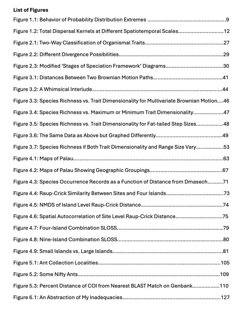 just a screenshot of a table of contents style list reading: 
Figure 1.1: Behavior of Probability Distribution Extremes
Figure 1.2: Total Dispersal Kernels at Different Spatiotemporal Scales
Figure 2.1: Two-Way Classification of Organismal Traits
Figure 2.2: Different Divergence Possibilities
Figure 2.3: Modified ‘Stages of Speciation Framework’ Diagrams
Figure 3.1: Distances Between Two Brownian Motion Paths
Figure 3.2: A Whimsical Interlude
Figure 3.3: Species Richness vs. Trait Dimensionality for Multivariate Brownian Motion
Figure 3.4: Species Richness vs. Maximum or Minimum Trait Dimensionality
Figure 3.5: Species Richness vs. Trait Dimensionality for Fat-tailed Step Sizes
Figure 3.6: The Same Data as Above but Graphed Differently
Figure 3.7: Species Richness if Both Trait Dimensionality and Range Size Vary
Figure 4.1: Maps of Palau
Figure 4.2: Maps of Palau Showing Geographic Groupings
Figure 4.3: Species Occurrence Records as a Function of Distance from Dmasech
Figure 4.4: Raup-Crick Similarity Between Sites and Four Islands
Figure 4.5: NMDS of Island Level Raup-Crick Distance
Figure 4.6: Spatial Autocorrelation of Site Level Raup-Crick Distance
Figure 4.7: Four-Island Combination SLOSS
Figure 4.8: Nine-Island Combination SLOSS
Figure 4.9: Small Islands vs. Large Islands
Figure 5.1: Ant Collection Localities
Figure 5.2: Some Nifty Ants
Figure 5.3: Percent Distance of COI from Nearest BLAST Match on Genbank
Figure 6.1: An Abstraction of My Inadequacies