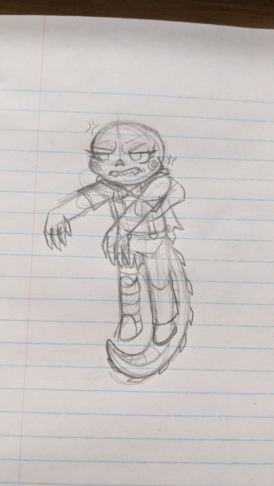 A pencil sketch of a chibi Caliborn being held like long cat. He is very unimpressed.