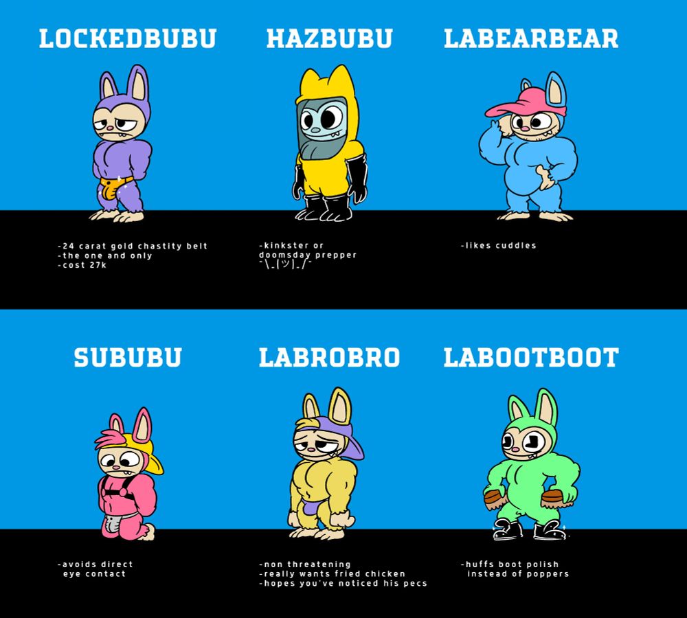Part 2 of the illustrated toys.
7. Lockedbubu. A toy wearing a gold chastity belt. 24 carat chastity belt. the one and only. cost 27k.
8. Hazbubu. A toy in a hazmat suit. kinkster or doomsday prepper?
9. LaBearBear. A chunky toy holding it's gut. Like cuddles.
10. Sububu. A toy on it's knees looking down whilst wearing a harness and a chastity belt. Avoids direct eye contact.
11. LaBroBro. A muscular and dopey looking toy with big pecs wearing a thong. Non threatening. really wants fried chicken. hopes you've noticed his pecs.
12. LaBootBoot. A toy holding boot black brushes and is standing in shiny leather boots, there are boots in their eyes. Huffs boot polish instead of poppers.