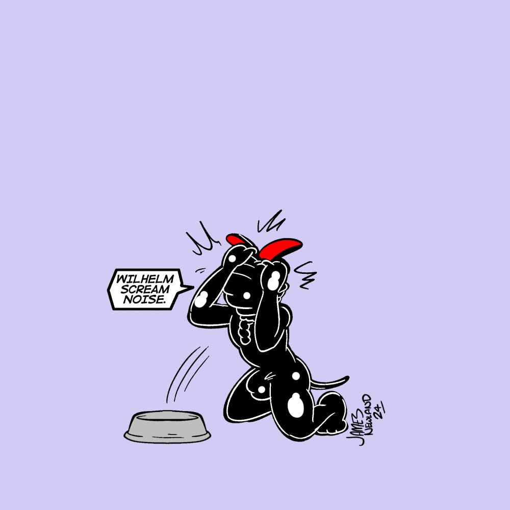The second panel shows the face hugger has leapt up onto the rubber dogs face, he tries to pull it off to no success. The dog says: Wilhelm scream noise.