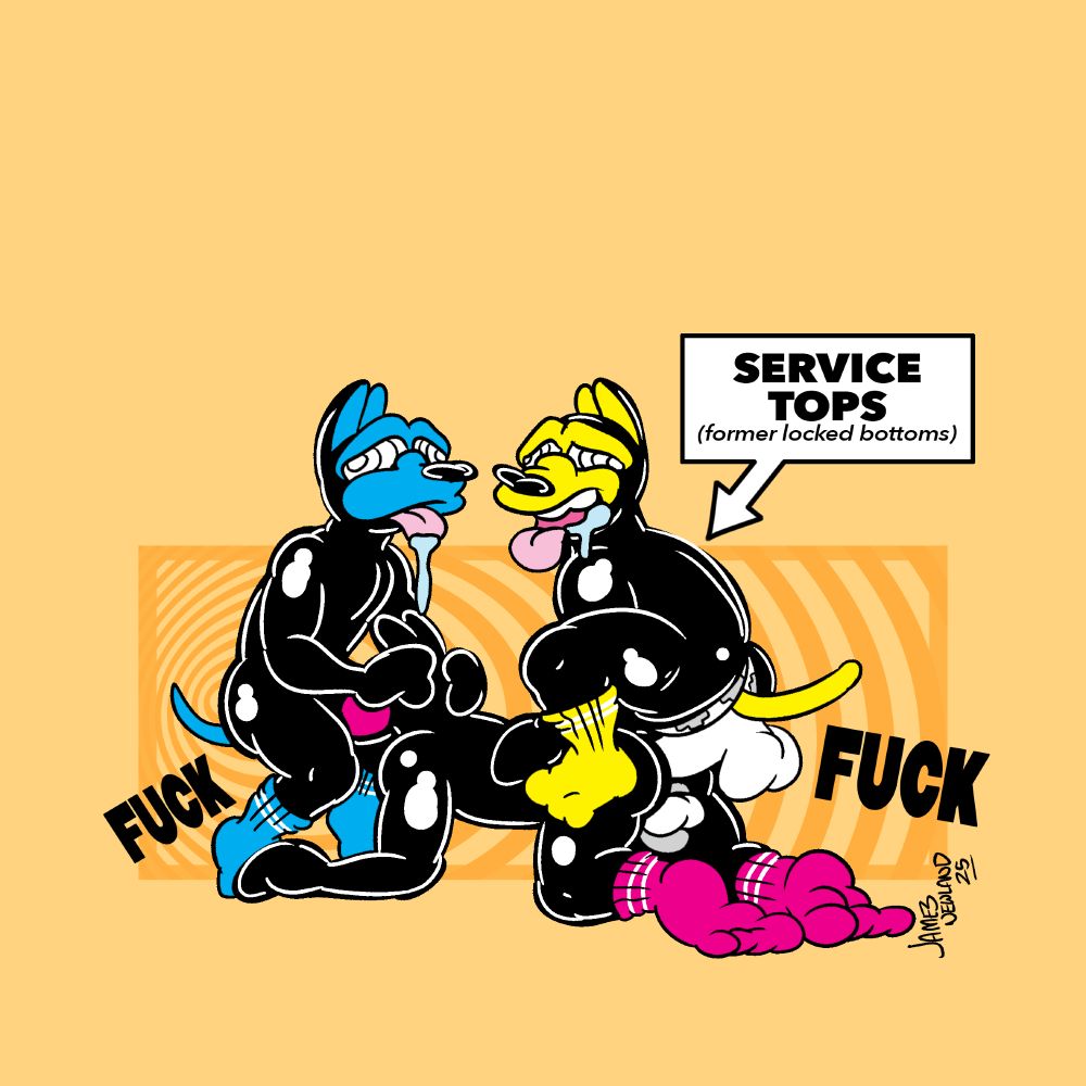 An erotic illustration featuring three human puppies in rubber suits. One dog is on all fours whilst they are being double teamed from both ends, face fuck and anal by two separate puppies with spirals in their eyes. They are brainwashed fuck boys. The label reads: Service tops, former locked bottoms.