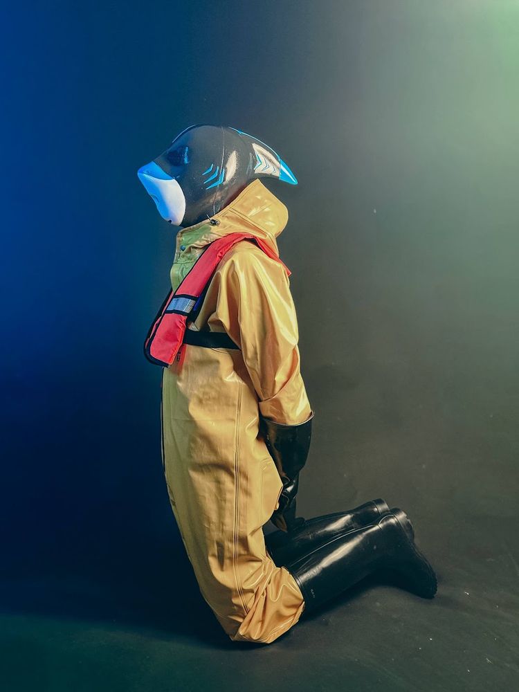 A photo of a man on his knees in yellow rainwear, black wellies and a stylised silicone shark hood.