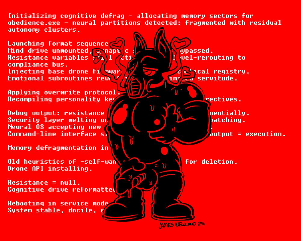 An illustration of a very muscular latex drone dog jerking his rubber dick as he squeezes his pecs, his eyelids are heady and smoke is coming outside the gasmask ports of his dog mask. 
Behind him reformatting code is written explaining the deletion of the mans mind.

Code reads:
Initializing cognitive defrag - allocating memory sectors for
obedience.exe - neural partitions detected: fragmented with residual autonomy clusters.

Launching format sequence.
Mind drive unmounted, synaptic safeguards bypassed. 
Resistance variables still active at low-level-rerouting to 
compliance bus. 
Injecting base drone firmware v1.0.0 into cortical registry. 
Emotional subroutines rewritting for optimized servitude.

Applying overwrite protocol. 
Recompiling personality kernel with drone_core directives. 

Debug output: resistance intensity-decreasing exponentially. 
Security layer melting under recursive compliance patching. 
Neural OS accepting new root access key: serve.sys. 
Command-line interface simplified: input = order, output = execution. 

Memory defragmentation in progress. 

Old heuristics of -self-want-choice- queued for deletion.
Drone API installing.

Resistance = null. 
Cognitive drive reformatted.

Rebooting in service mode.
System stable, docile, efficient.