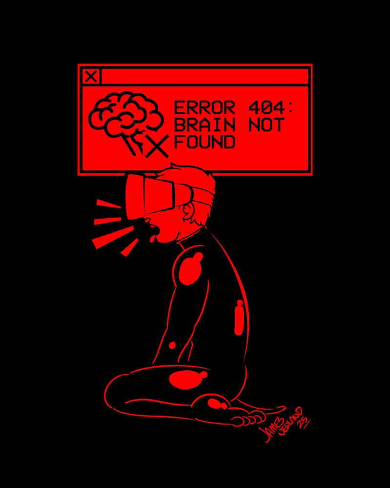 An illustration of a man in a rubber suit on his knees wearing a virtual reality headset with a dog tail plug in his ass, he is panting. Above him floats a computer program window that reads Error 404: Brain not found with a symbol for a brain with an x next to it.