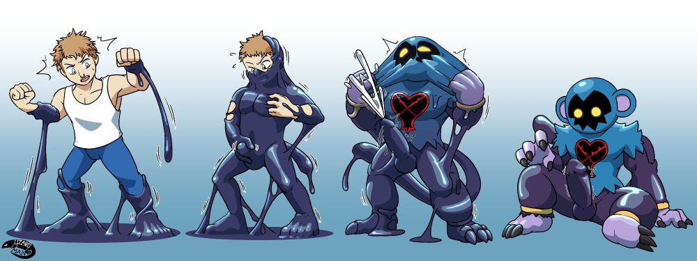 A 4 panel illustration showing a man being covered in goo and becoming a heartless monkey demon from the kingdom hearts franchise.
Panel 1: a man is dressed in a vest and jeans and a puddle of goo underneath him is attaching itself to his feet and covering them in liquid latex, he is trying to wiggle his arms free but they are webbed by the goo.
Panel 2. The man is covered nearly entirely in skin tight latex goo, he is squeezing his cock that is shiny and black from the goo, he is clawing at his chest trying to peel the latex off but failng.
Panel 3. the man is now looking more like a monkey demon, his dick is hard and long and squirting cum, he is grabbing both sides of his now latex face and stretching them far from his face in an attempt to snap the latex.
Panel 4. The man now completely a monkey demon is on the ground, his hands and feet replaced with clawed paws, he is staring at his twitching cock with glowing yellow eyes.