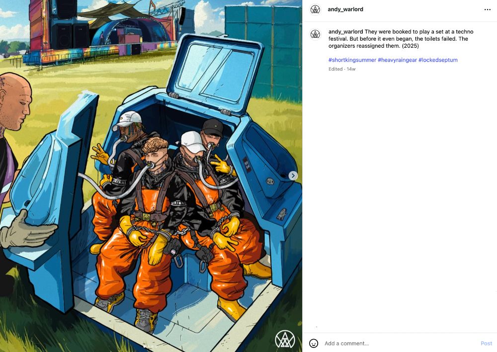 An illustration of four men in rain gear plumbed inside of a festival urinal pod, 4 urinals all on one molded plastic shape.