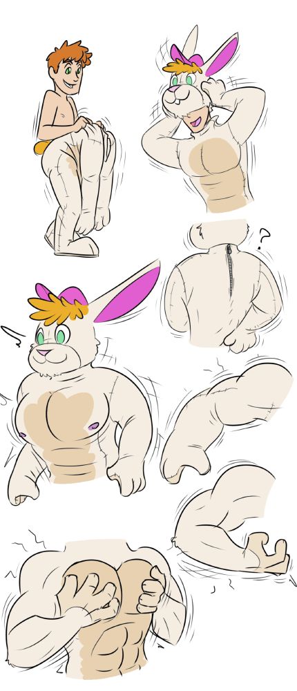 Part 1 sequence.
A man is pulling on a rabbit fur suit, he pulls on the large cartoon head.
A panel shows the zipper on his back starting to fade away as he fondles around looking for it.
A ping, something is wrong. His plushy arms flex as they become real, the grab at his inflating pecs.