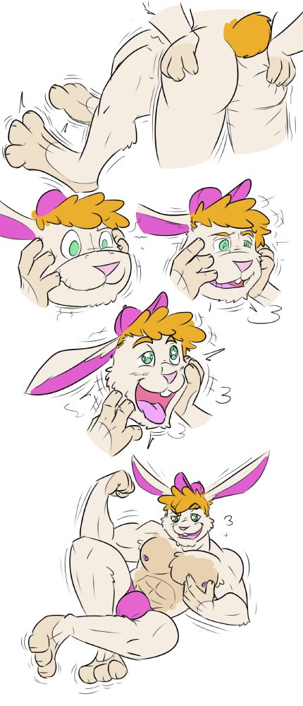 part 2. The man squeezes his new bunny butt and his feet flex. He feels his head with both of his hands as the mascot style head becomes real and he opens his mouth wide, now organic and let's his tongue out. The final panel shows a muscular bunny fursona flexing and fondling his chest.