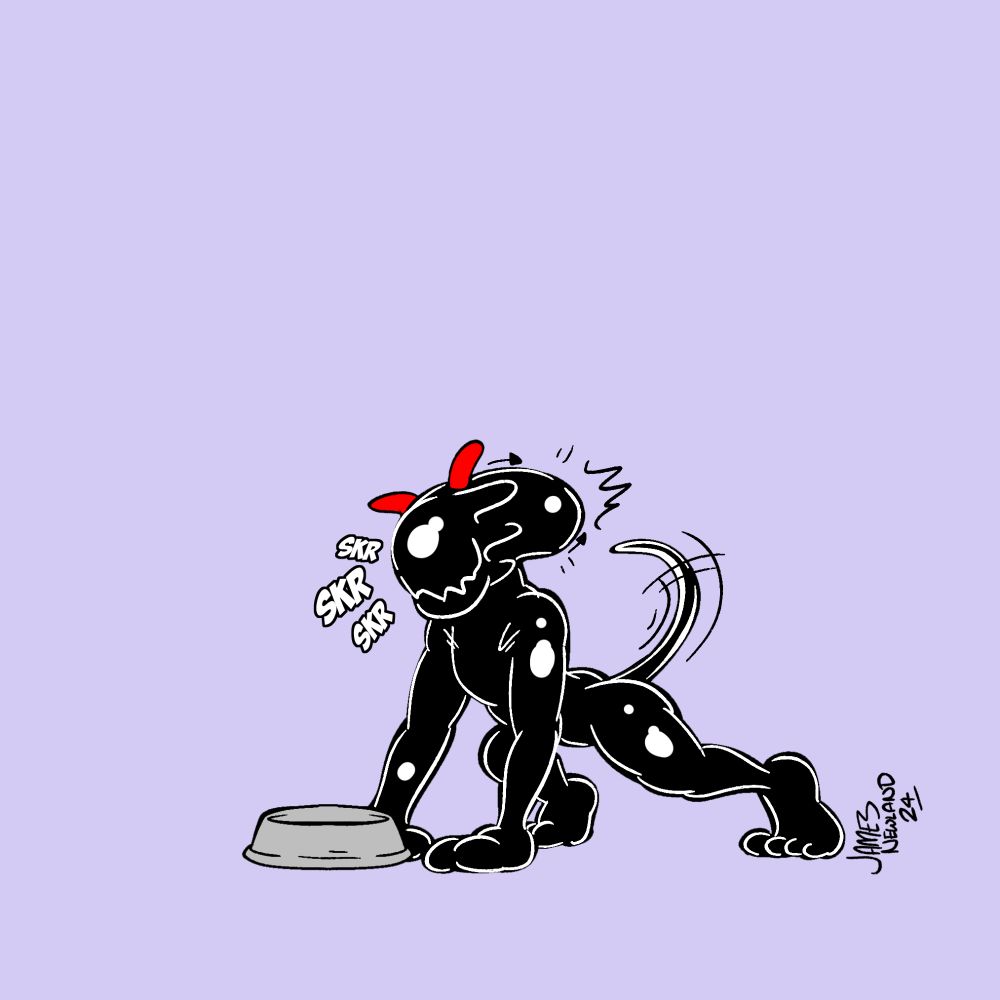 Panel 3. The face hugger has fused to the dogs face and his posture is changing as he becomes more alien, his head expanding backwards as it lengthens into a traditional xenomorph shape. The dog starts making chittering noises. 