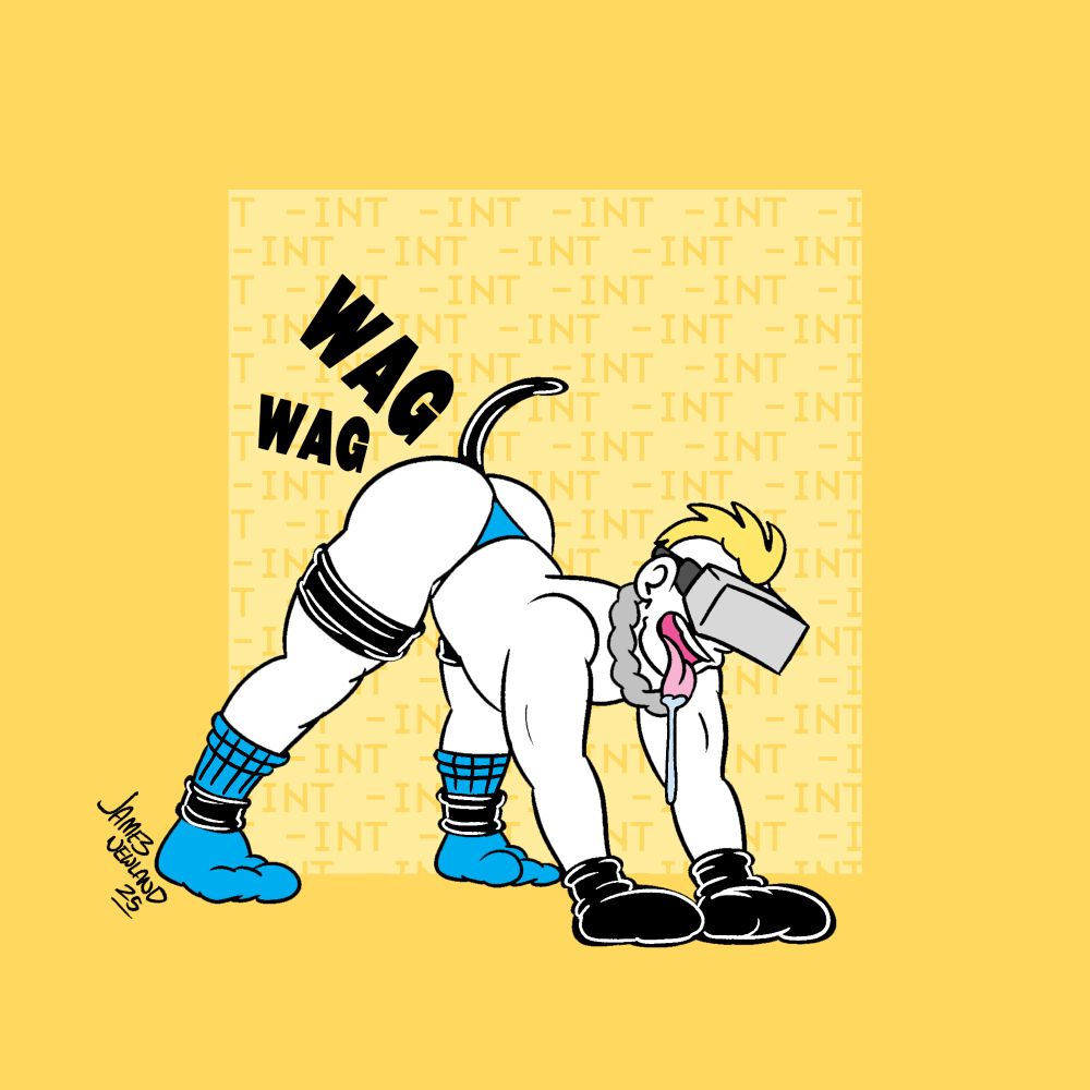 An illustration of a blonde man with a Mohawk on the ground in all fours arching his ass up whilst wearing a blue thong and a dog tail. A virtual reality headset is sitting over his eyes and he’s panting and drooling like a dog.