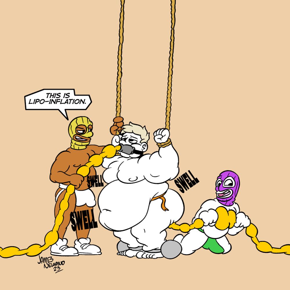 The second image is similar to the first except the man is now extremely obese, his jockstrap has snapped from how much his ass and gut have overinflated to make him now look like an absolute whale of blubber. The tubes connected to his mouth and ass are pumping pure fat into both ends of him to cause the inflation. Both men in masks are grinning with pride at a job well done. The first man in the mask says ”this is Lipo-inflation“