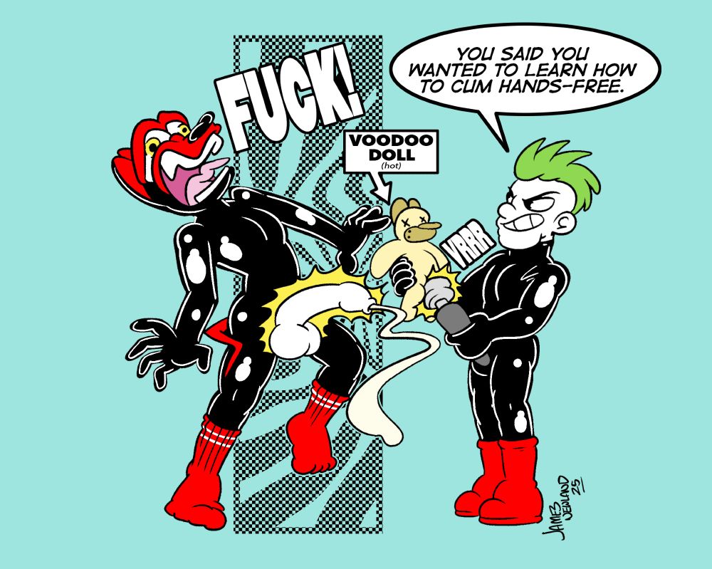 An illustration showing a rubber man and a rubber puppy. The rubber man is holding a puppy shaped voodoo doll in his hands and pushing a vibrating wand into the dolls crotch. The dog is lifted off the ground with their dick rock hard and spewing cum, they are screaming in agony unable to control anything.
The label reads: Voodoo doll, hot.
The rubber man says: You said you wanted to learn how to cum hands-free.