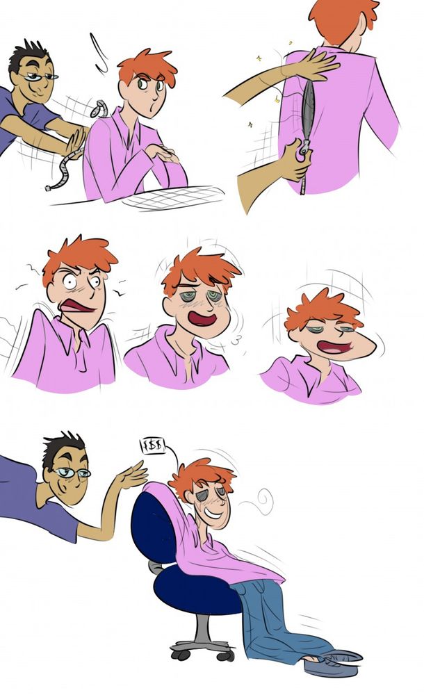 A tf sequence showing a man putting a zipper on the back of an unsuspecting man and unzipping it to deflate the man into a human skin suit.