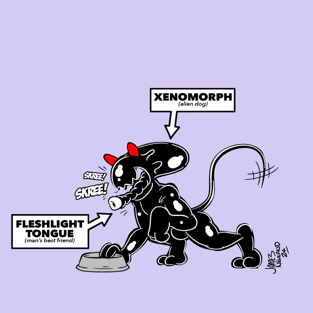 Panel 4. The dog has fully mutated into a xenomorph, it has opened it's mouth to reveal it's tongue has not transformed into a traditional second mouth but has instead become a gasmask hose with a fleshlight end. 
The dog says: Skree. 
Label 1 reads. Xenomorph, alien dog.
Label 2 reads. Fleshlight tongue, man's best friend. 