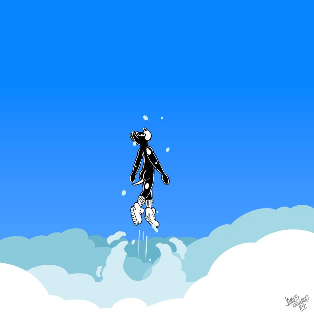 An illustration of a rubber dog floating among the clouds looking upwards at clear blue skies. 