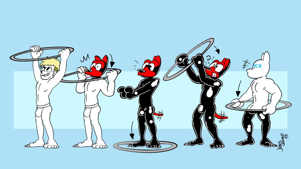 An illustration of a horizontal layout of a singular man pulling a hula hoop over his body and transforming. Over the first 3 images the young blonde man pulls a hula hoop over his head that transforms his head and body into a latex rubber dog. The dog then picks the hula hoop up again and puts it over his head one more time, this time instead of becoming a dog he becomes a completely white featureless YCH (Your character here) model. This is suggesting he has lost his identity entirely. 