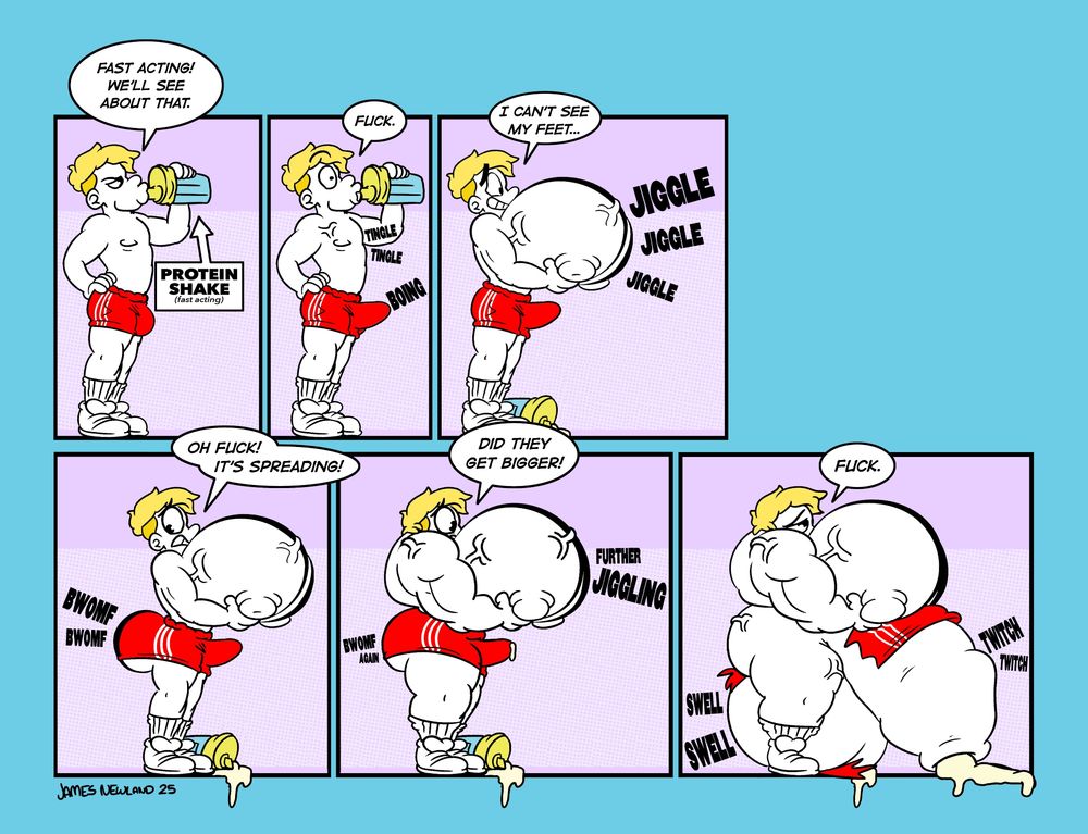 A 5 panel muscle growth sequence showing a slim man in red gym shorts drinking a protein shake and expanding into an immobile muscle mass.