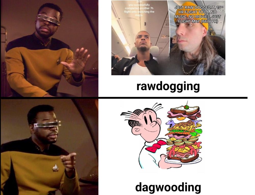 geordi laforge meme

hold up: rawdogging 
(screenshots of rawdogging tiktoks)

go ahead: dagwooding 
(dagwood eating a big ass sandwich)