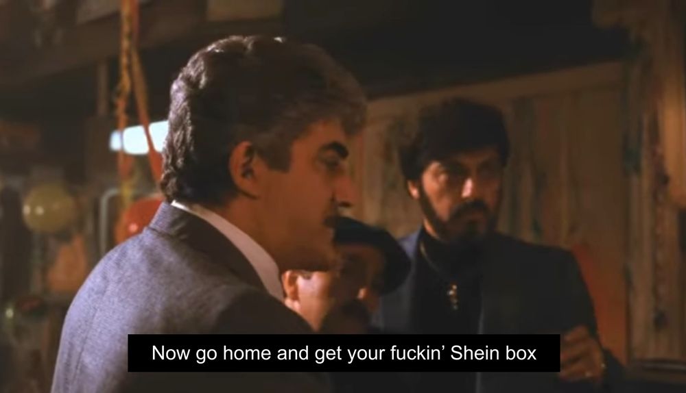 frank vincent in the bar in goodfellas with a caption that says Now go home and get your fuckin' Shein box