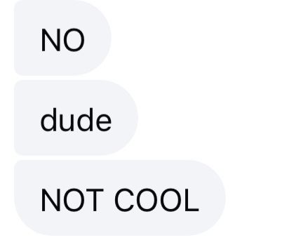 3 successive message bubbles: NO dude NOT COOL