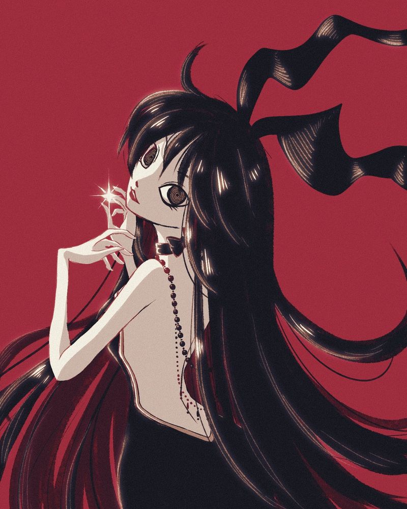 A drawing of my Juno persona holding a star and looking over her shoulder towards the camera. She has long black hair, large dark eyes, and she is wearing a black dress and a long ribbon which is billowing in her hair.