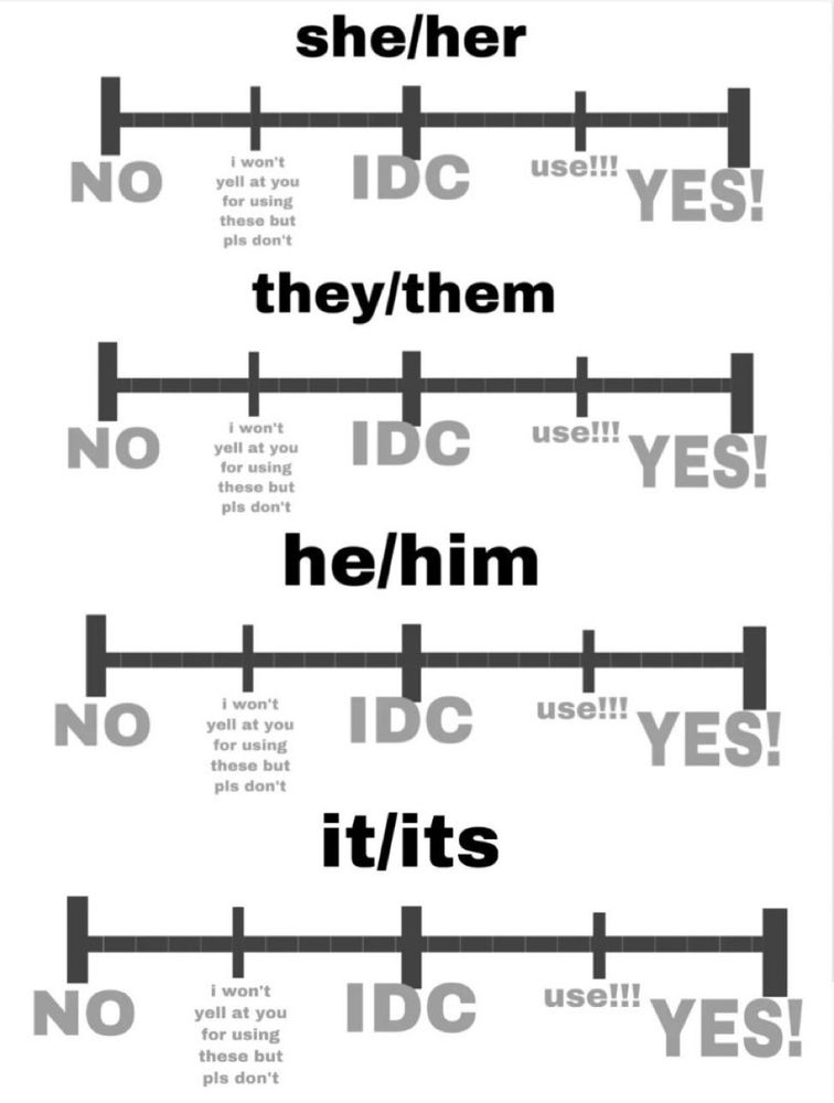 A pronoun chart with she/her top, they them top middle, he/him bottom middle, and it/its bottom. The chart from left to right says NO, I won't yell at you for using these but pls don't, IDC, use!!!, and YES!