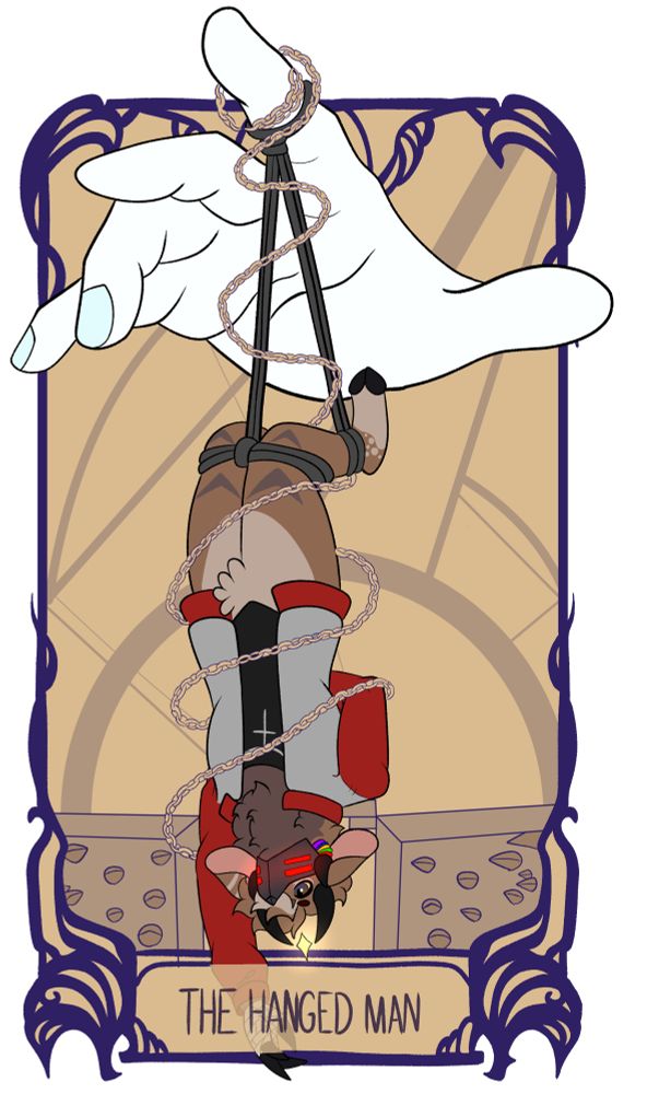 A furry version of Ranboo’s character The Hero from Generation Loss (designed by @genloss.bsky.social) hangs upside down from a white hand as a chain snakes around their body. The box is positioned behind their head, as they reach for something unseen, the words “The Hanged Man” are positioned at the bottom to mimic a tarot card. 