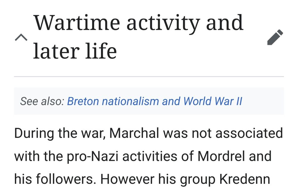 Extrait de la page Wikipedia en anglais "During the war, Marchal was not associated with thé pro-nazi activities of Mordrel and his followers." 