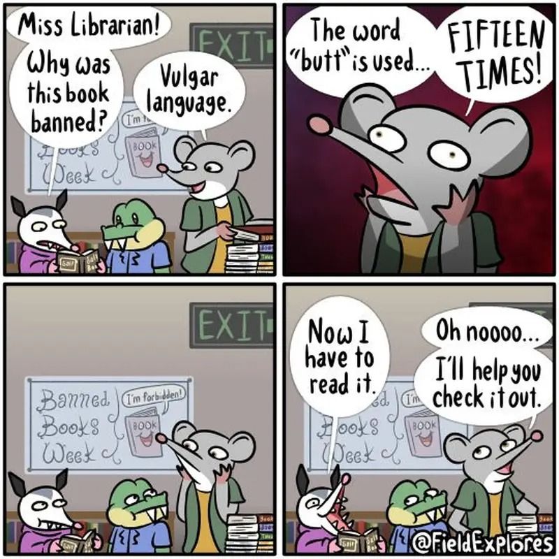Cartoon of a mouse librarian and two kids who want to read a book because it, gasp, has the word butt in it.