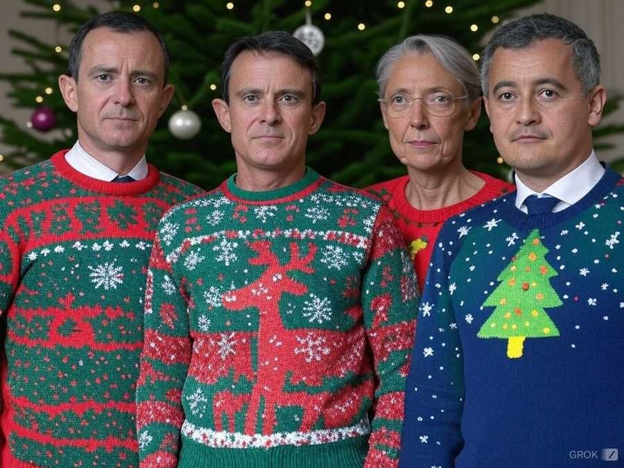 Retailleau, Valls, Borne et Darmanin avec des pulls de Noël devant un sapin. Image générée par IA.