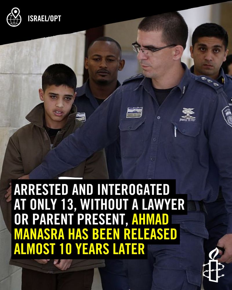 Graphic featuring Ahmad Manasra with text: Arrested and interrogated at only 13, without a lawyer or parent present, Ahmad Manasra has be release almost 10 years later