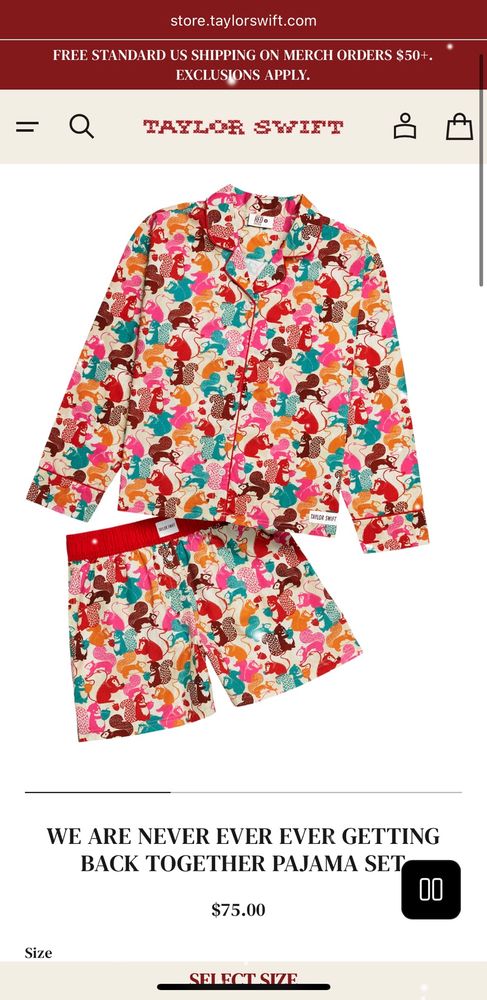 Screenshot of Taylor Swift’s merch website for her holiday collection. Image long sleeve and shorts pajama set with multicolored squirrel print titled “We Are Never Ever Ever Getting Back Together Pajama Set.”