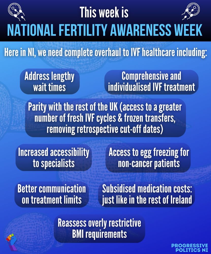 This week is
NATIONAL FERTILITY AWARENESS WEEK

Here in NI we need a complete overhaul to IVF healthcare including:

• Comprehensive and individualised IVF treatment

• Parity with the rest of the UK: access to a greater number of fresh IVF cycles & frozen transfers, removing retrospective cut-off dates

• Access to egg freezing for non-cancer patients

• Address lengthy wait times

• Increased accessibility to specialists

• Subsidised medication costs: just like in the rest of Ireland

• Reassess overly restrictive BMI requirements

• Better communication on treatment limits