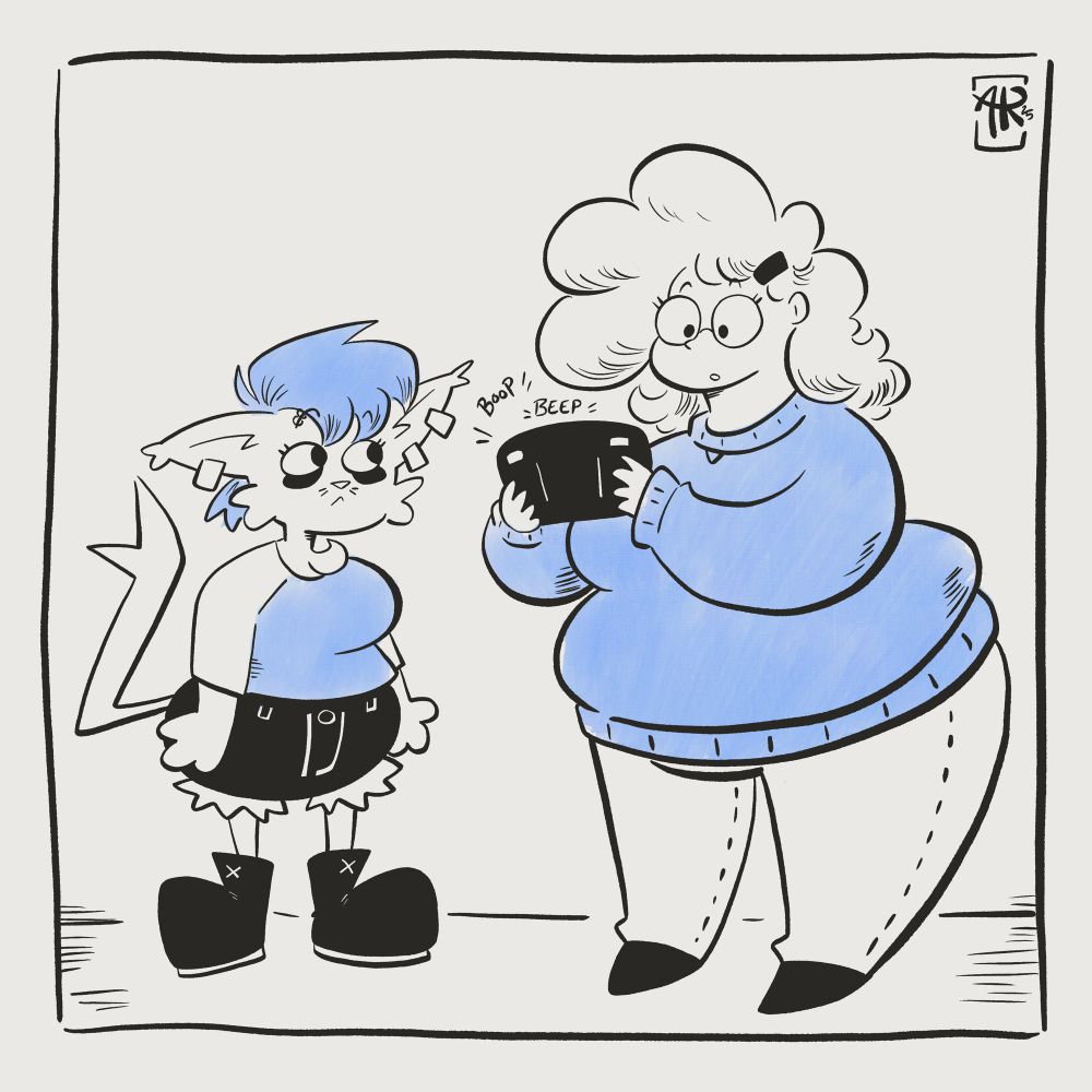 Polly Podunk and Robin Birch, my OCs, drawn in a more Sunday Funnies/European Cartoonist style.