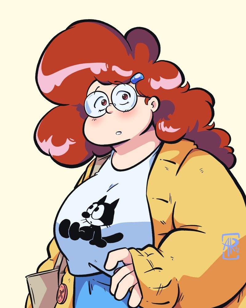 Robin in a Felix the Cat tee + cardigan.
