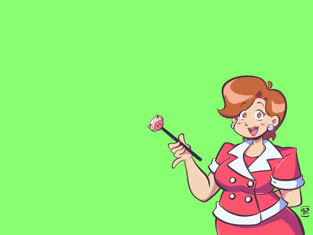 The Weather Lady from Tokyo Pig in front of a green screen.