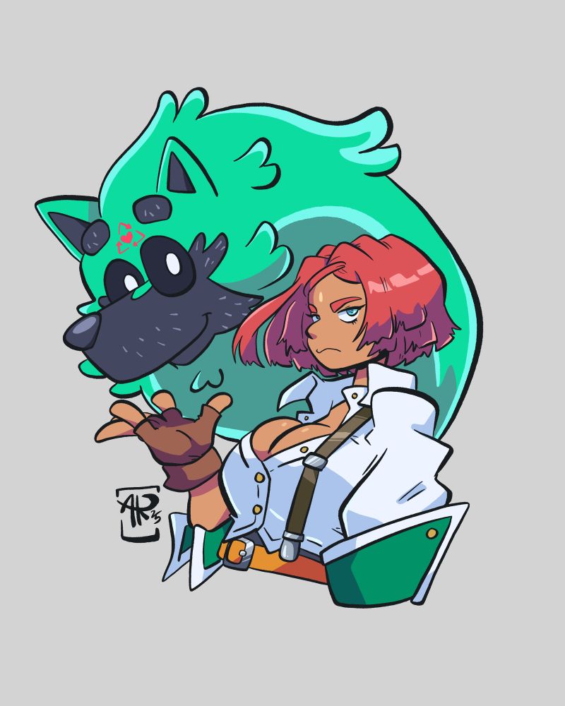 Giovanna and Rei from Guilty Gear Strive. But Rei is drawn like a Bluey dog.
