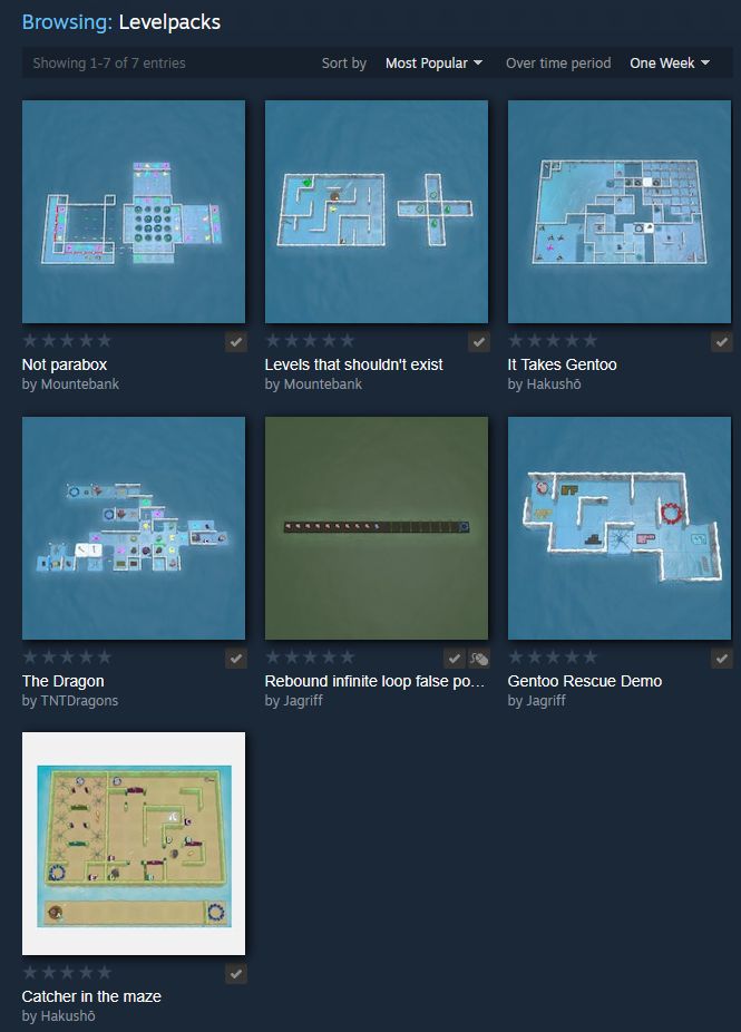 Screenshot of levelpacks uploaded to Steam Workshop by some dedicated community members. They are:

- "Not parabox" and "Levels that shouldn't exist" by Mountebank
- "It Takes Gentoo" and "Catcher in the maze" by Hakushō
- "The Dragon" by TNTDragons
- "Rebound infinite loop false positive" and "Gentoo Rescue Demo" by me