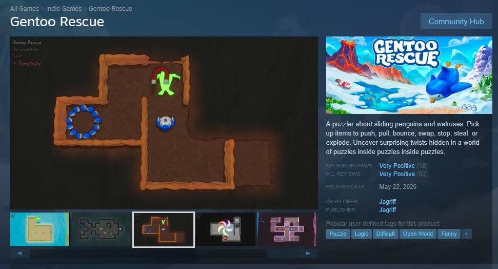 Gentoo Rescue store page on Steam showing Very Positive with 50 all-time reviews. There are actually 53 reviews, but Steam doesn't count the 3 users that were gifted the game.