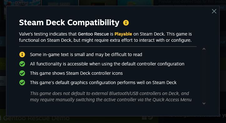 Valve's Steam Deck Compatibility info screen that shows Gentoo Rescue being "Playable", with everything passing except that "Some in-game text is small and may be difficult to read".