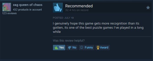 Steam review of Gentoo Rescue by zag queen of chaos, who has 32.4 hrs played and 123 reviews total. The review reads: "I genuinely hope this game gets more recognition than its gotten, its one of the best puzzle games I've played in a long while "
