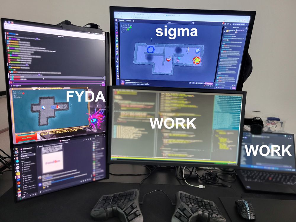 3-monitor + laptop setup with main monitor and laptop on work, with the other 2 monitors containing sigma and fyda streams of Gentoo Rescue (+ discord)