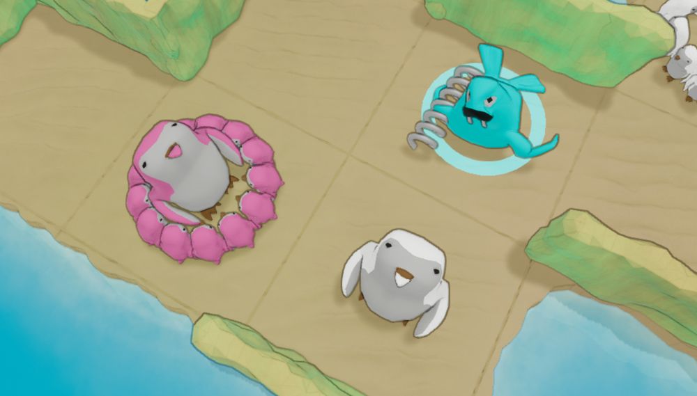 Close-up image of a "beach themed" Gentoo Rescue puzzle feature a pink penguin surrounded by ping babies, a white penguin, and a light blue walrus holding a cane.