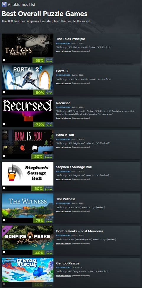 Screenshot from Anokturnus' "Best Overall Puzzle Games" list showing the top 8 entries, which are:
1. The Talos Principle
2. Portal 2
3. Recursed
4. Baba Is You
5. Stephen's Sausage Roll
6. The Witness
7. Bonfire Peaks - Lost Memories
8. Gentoo Rescue

The full list is very long, and linked in the main post.