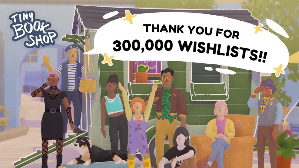 Several characters posing in front of a mobile bookshop, with a speech bubble that reads "Thank you for 300,000 wishlists"